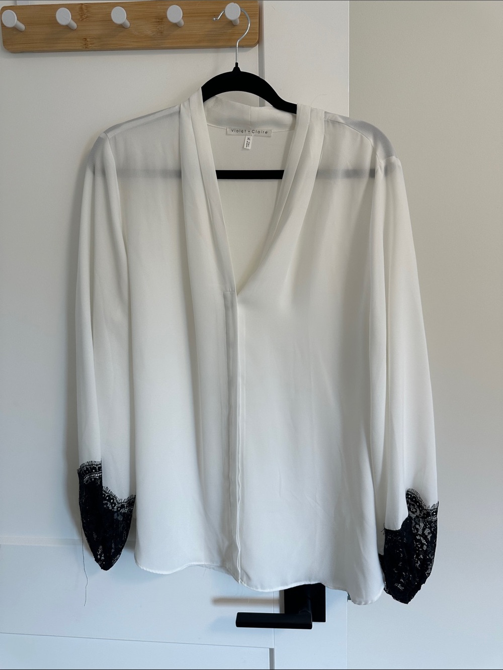 Violet & Claire White Blouse with Black Lace Cuff Detail